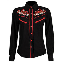 Load image into Gallery viewer, LADIES BUCKEROO SHIRTS: BLACK RED WHITE FLORAL EMBROIDERY PEARL SNAP