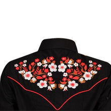 Load image into Gallery viewer, LADIES BUCKEROO SHIRTS: BLACK RED WHITE FLORAL EMBROIDERY PEARL SNAP
