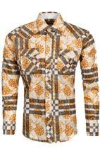 Load image into Gallery viewer, BUCKEROO SHIRTS: WHITE/GOLD GEOMETRIC GOLD FOIL