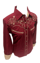 Load image into Gallery viewer, LADIES BUCKEROO SHIRTS: BURGUNDY RED TRIBAL EMBROIDERY PEARL SNAP
