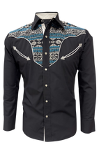 Load image into Gallery viewer, BUCKEROO SHIRTS: BLACK BLUE AZTEC TRIBAL PEARL SNAP
