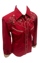 Load image into Gallery viewer, LADIES BUCKEROO SHIRTS: RED TRIBAL EMBROIDERY PEARL SNAP