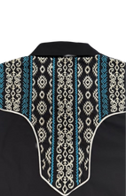 Load image into Gallery viewer, BUCKEROO SHIRTS: BLACK BLUE AZTEC TRIBAL PEARL SNAP