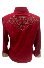 Load image into Gallery viewer, LADIES BUCKEROO SHIRTS: RED TRIBAL EMBROIDERY PEARL SNAP