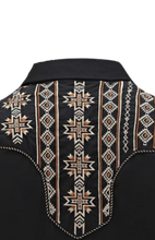 Load image into Gallery viewer, BUCKEROO SHIRTS: BLACK GOLD WHITE AZTEC TRIBAL PEARL SNAP