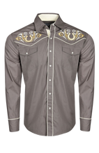 Load image into Gallery viewer, BUCKEROO SHIRTS: CHARCOAL GOLD WHITE HORSESHOE PEARL SNAP
