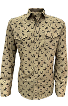 Load image into Gallery viewer, BUCKEROO SHIRTS: KHAKI BLACK HORSESHOE PEARL SNAP