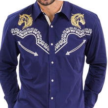 Load image into Gallery viewer, BUCKEROO SHIRTS: BLUE GOLDEN HORSE WHITE STITCH PEARL SNAP