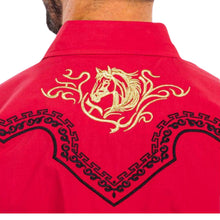 Load image into Gallery viewer, BUCKEROO SHIRTS: RED GOLDEN HORSE BLACK STITCH PEARL SNAP