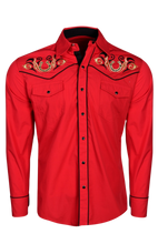 Load image into Gallery viewer, BUCKEROO SHIRTS: RED GOLD WHITE HORSESHOE PEARL SNAP
