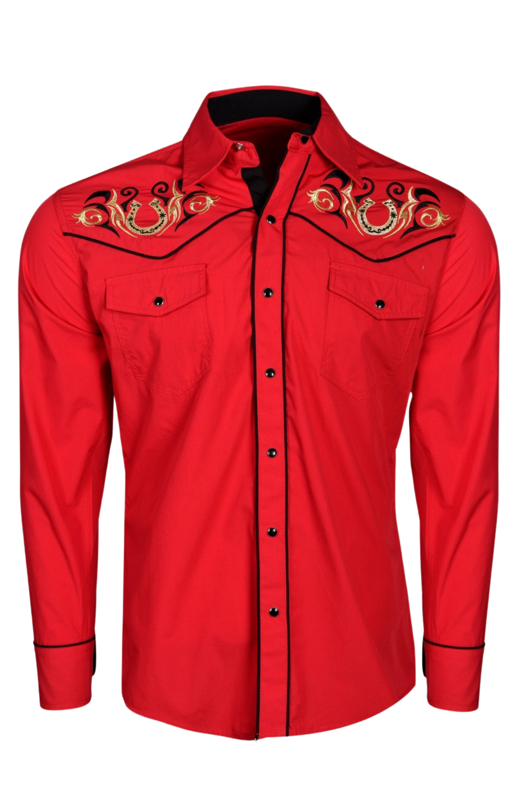BUCKEROO SHIRTS: RED GOLD WHITE HORSESHOE PEARL SNAP
