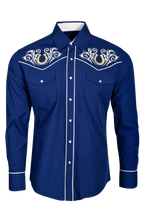 Load image into Gallery viewer, BUCKEROO SHIRTS: BLUE GOLD WHITE HORSESHOE PEARL SNAP
