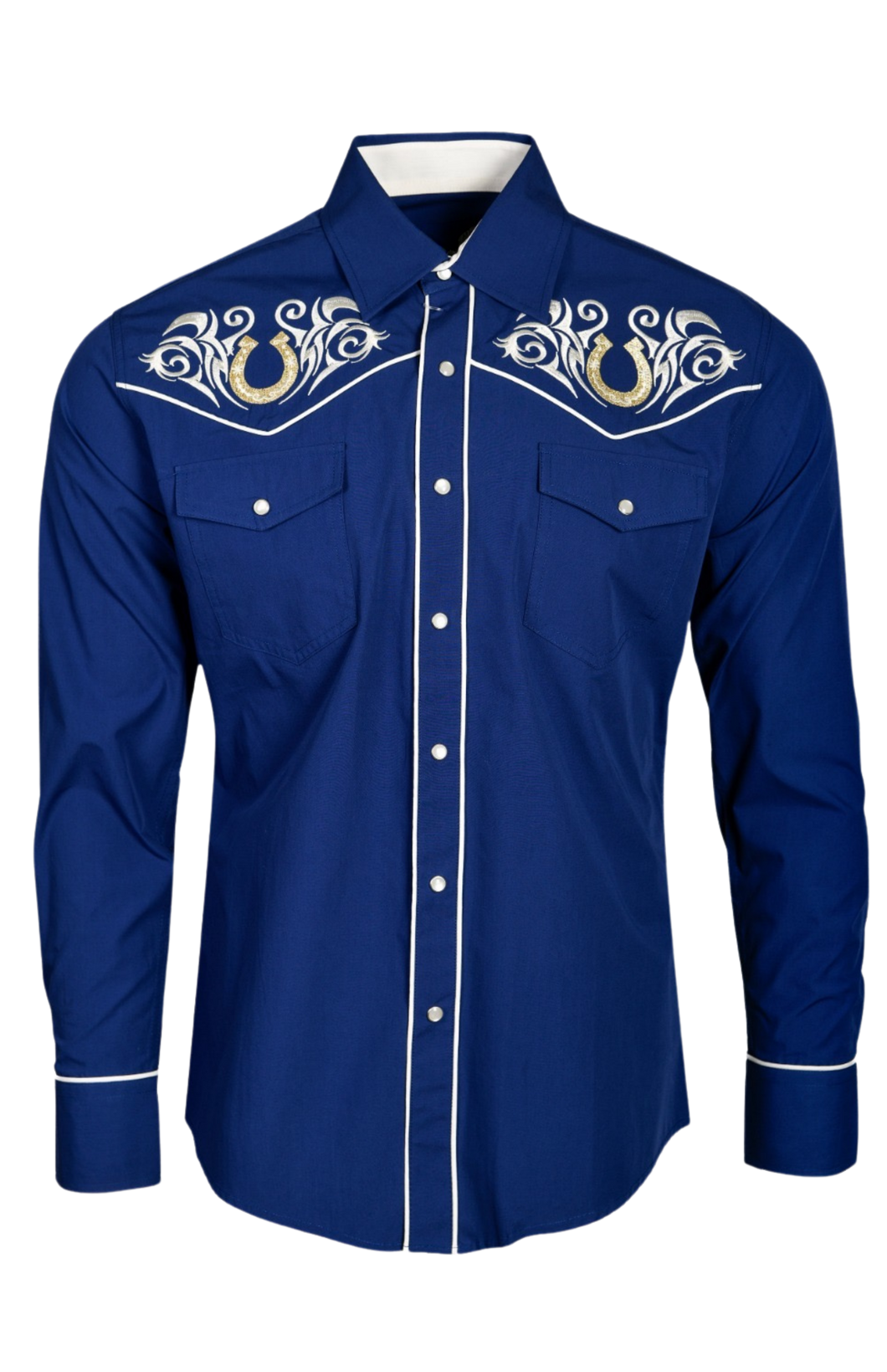 BUCKEROO SHIRTS: BLUE GOLD WHITE HORSESHOE PEARL SNAP