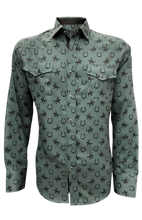 Load image into Gallery viewer, BUCKEROO SHIRTS: OLIVE BLACK HORSESHOE PEARL SNAP
