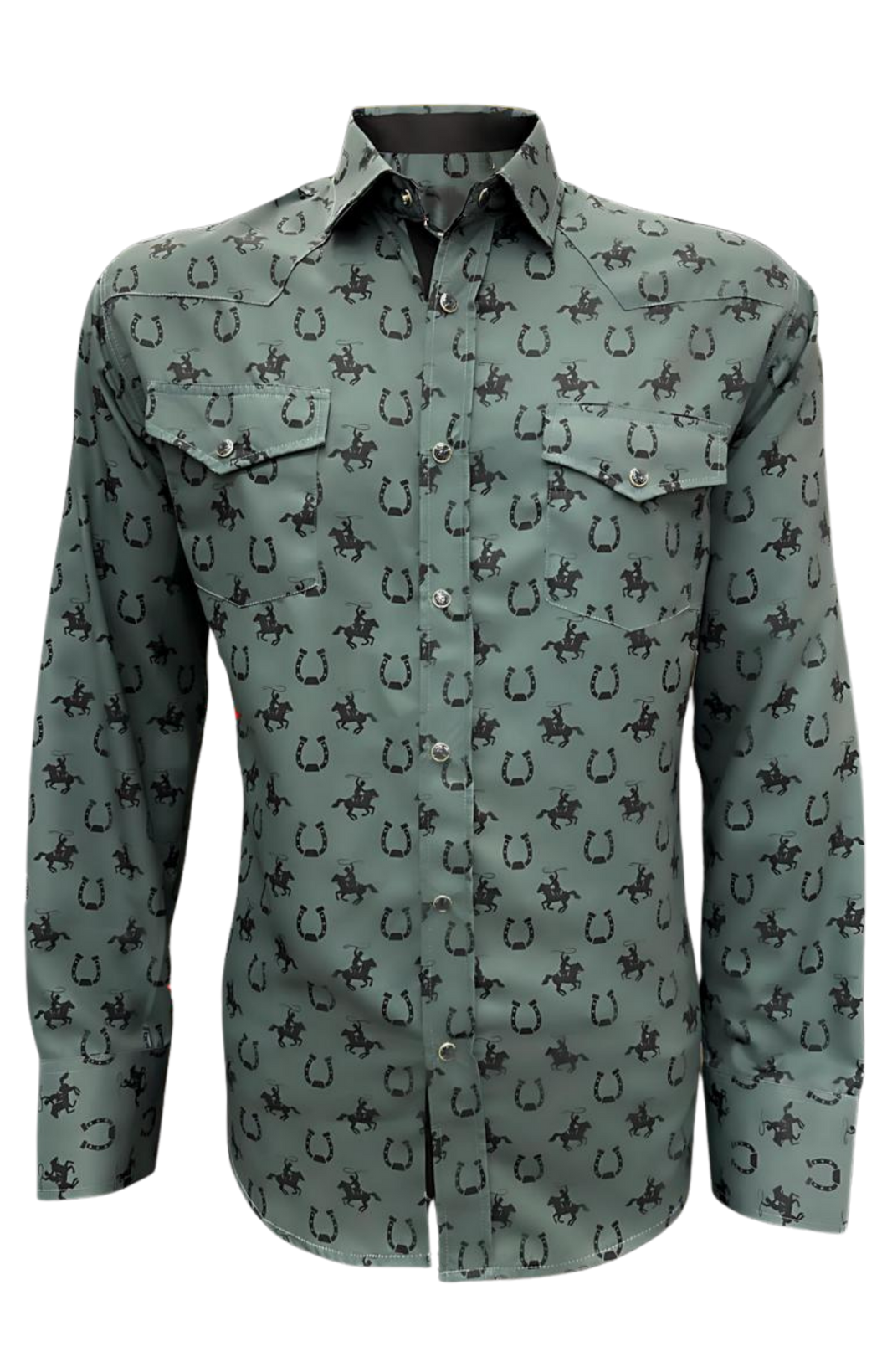 BUCKEROO SHIRTS: OLIVE BLACK HORSESHOE PEARL SNAP