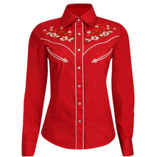 Load image into Gallery viewer, LADIES BUCKEROO SHIRTS: RED FLORAL EMBROIDERY PEARL SNAP
