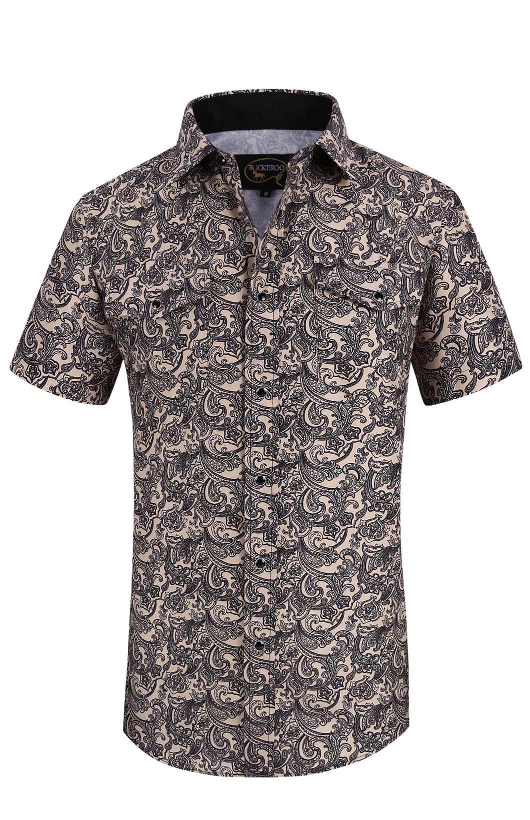 BUCKEROO SHIRTS: KHAKI/BLACK PAISLEY SHORT SLEEVE