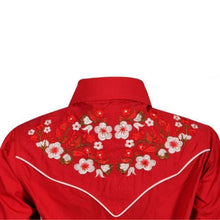 Load image into Gallery viewer, LADIES BUCKEROO SHIRTS: RED FLORAL EMBROIDERY PEARL SNAP
