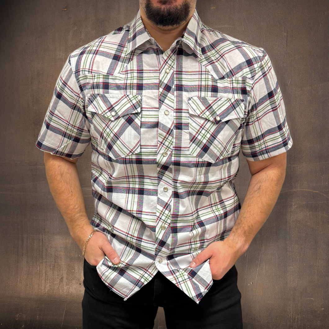 RODEO WESTERN SHIRTS:  WHITE GREY & RED SHORT SLEEVE PLAID