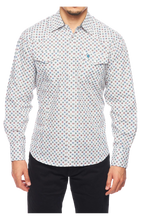 Load image into Gallery viewer, Mens RODEO WESTERN COUNTRY WHITE RED BLUE GEOMETRIC SHAPES SHIRT LUCKY HORSESHOE Cowboy
