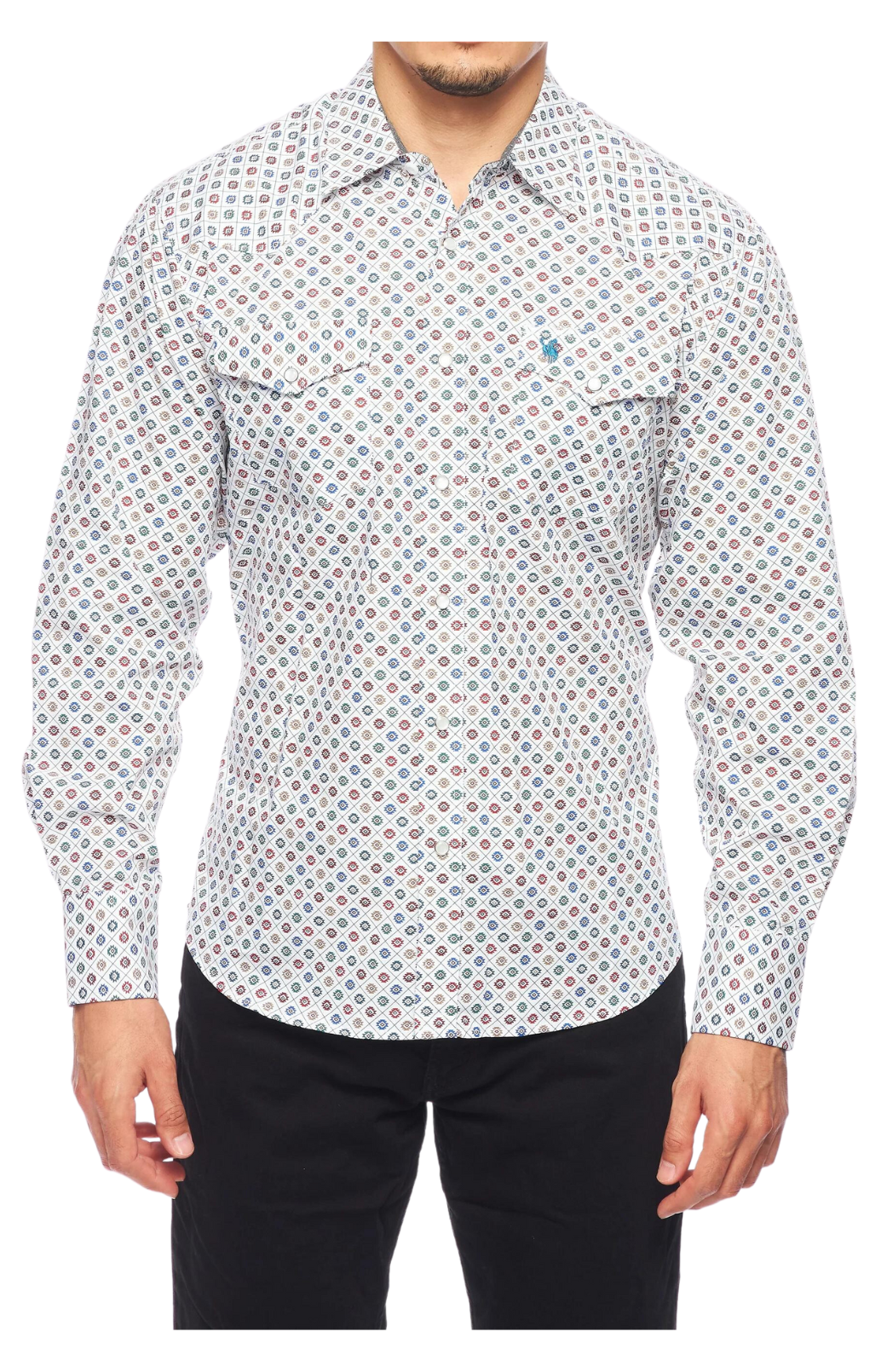 Mens RODEO WESTERN COUNTRY WHITE RED BLUE GEOMETRIC SHAPES SHIRT LUCKY HORSESHOE Cowboy
