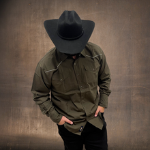 Load image into Gallery viewer, RODEO WESTERN SHIRTS: SOLID TAUPE OLIVE GREEN WHITE TRIM
