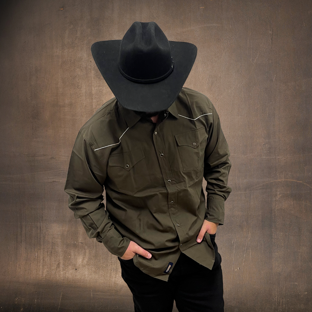 RODEO WESTERN SHIRTS: SOLID TAUPE OLIVE GREEN WHITE TRIM