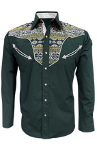 Load image into Gallery viewer, BUCKEROO SHIRTS: GREEN GOLD WHITE AZTEC TRIBAL PEARL SNAP

