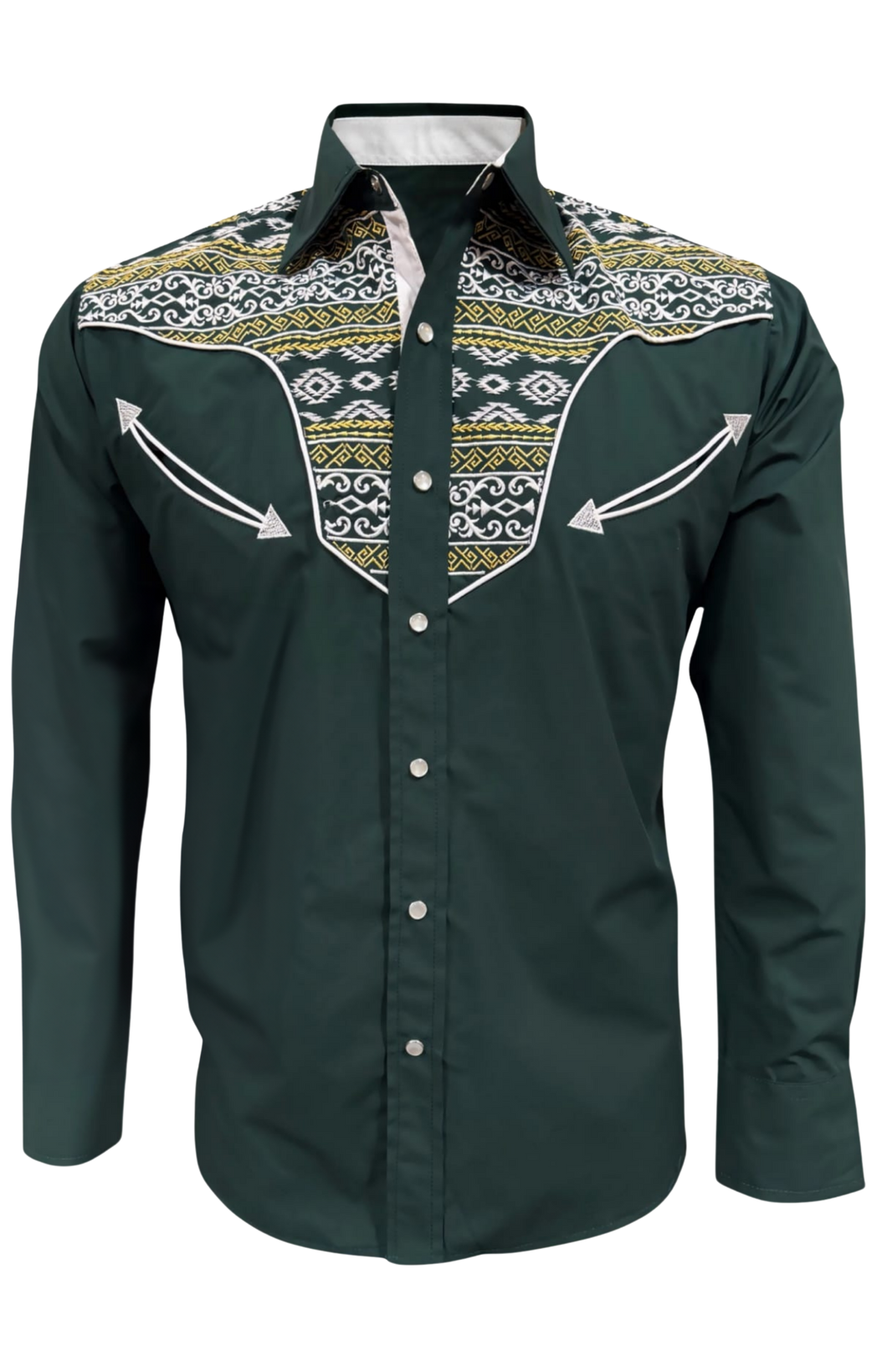 BUCKEROO SHIRTS: GREEN GOLD WHITE AZTEC TRIBAL PEARL SNAP