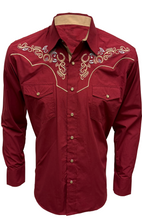 Load image into Gallery viewer, BUCKEROO SHIRTS: BURGUNDY RED TRIBAL HORSESHOE PEARL SNAP
