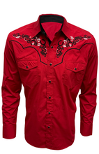 Load image into Gallery viewer, BUCKEROO SHIRTS: RED BLACK TRIBAL HORSESHOE PEARL SNAP
