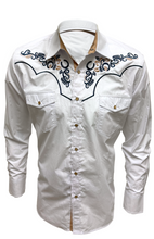 Load image into Gallery viewer, BUCKEROO SHIRTS: WHITE BLUE TRIBAL HORSESHOE PEARL SNAP
