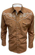 Load image into Gallery viewer, BUCKEROO SHIRTS: BROWN WHITE HORSESHOE PEARL SNAP
