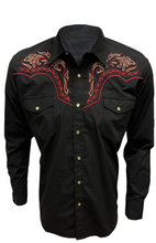 Load image into Gallery viewer, BUCKEROO SHIRTS: BLACK RED FLAME HORSESHOE PEARL SNAP
