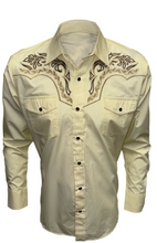 Load image into Gallery viewer, BUCKEROO SHIRTS: YELLOW GOLD FLAME HORSESHOE PEARL SNAP
