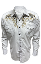 Load image into Gallery viewer, BUCKEROO SHIRTS: WHITE GOLD FLAME HORSESHOE PEARL SNAP
