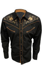 Load image into Gallery viewer, BUCKEROO SHIRTS: BLACK GOLD HORSE PEARL SNAP
