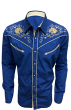 Load image into Gallery viewer, BUCKEROO SHIRTS: BLUE GOLD HORSE PEARL SNAP
