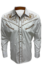 Load image into Gallery viewer, BUCKEROO SHIRTS: WHITE GOLD HORSE PEARL SNAP
