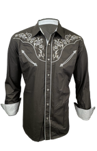Load image into Gallery viewer, BUCKEROO SHIRTS: CHARCOAL GREY WHITE TRIBAL PEARL SNAP
