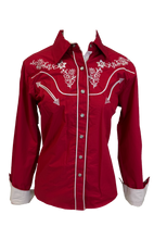 Load image into Gallery viewer, LADIES BUCKEROO SHIRTS: RED WHITE FLORAL STITCH PEARL SNAP

