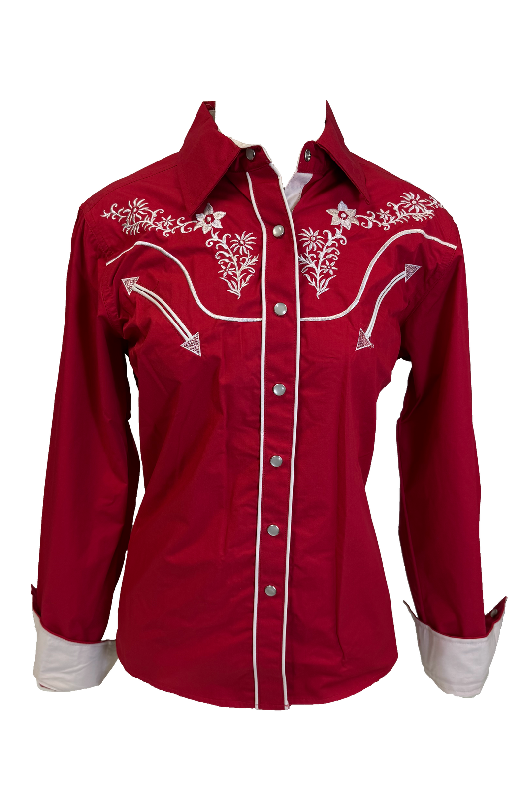 LADIES BUCKEROO SHIRTS: RED WHITE FLORAL STITCH PEARL SNAP
