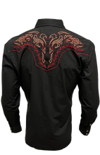 Load image into Gallery viewer, BUCKEROO SHIRTS: BLACK RED FLAME HORSESHOE PEARL SNAP
