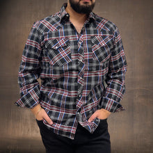 Load image into Gallery viewer, RODEO WESTERN SHIRTS: BLACK BURGUNDY PLAID
