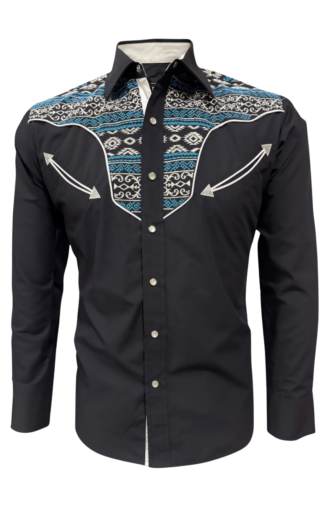 BUCKEROO SHIRTS: BLACK BLUE AZTEC TRIBAL PEARL SNAP