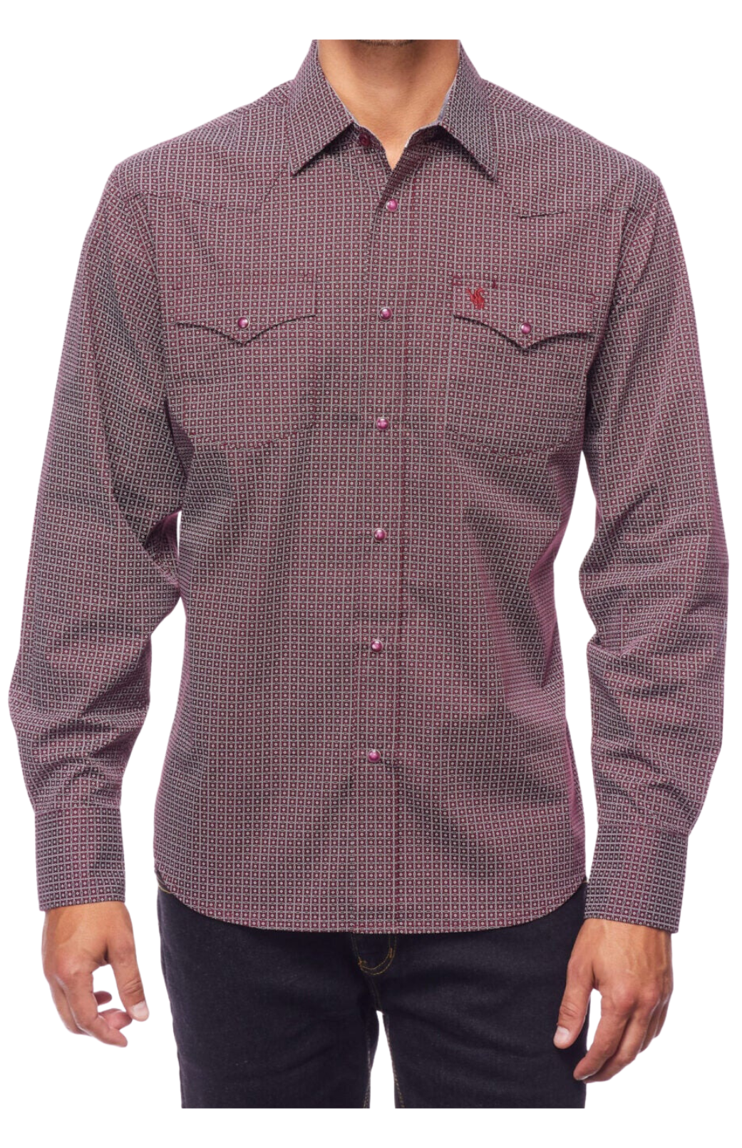 Men RODEO WESTERN COUNTRY BURGUNDY RED GEOMETRIC SHAPES SHIRT LUCKY HORSESHOE Cowboy