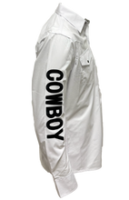Load image into Gallery viewer, BUCKEROO SHIRTS: WHITE BLACK COWBOY PEARL SNAP
