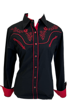 Load image into Gallery viewer, LADIES BUCKEROO SHIRTS: BLACK RED FLORAL STITCH PEARL SNAP

