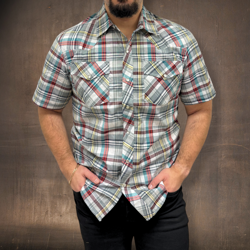 RODEO WESTERN SHIRTS:  GREY TEAL & RED SHORT SLEEVE PLAID