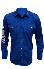 Load image into Gallery viewer, BUCKEROO SHIRTS: BLUE WHITE COWBOY PEARL SNAP
